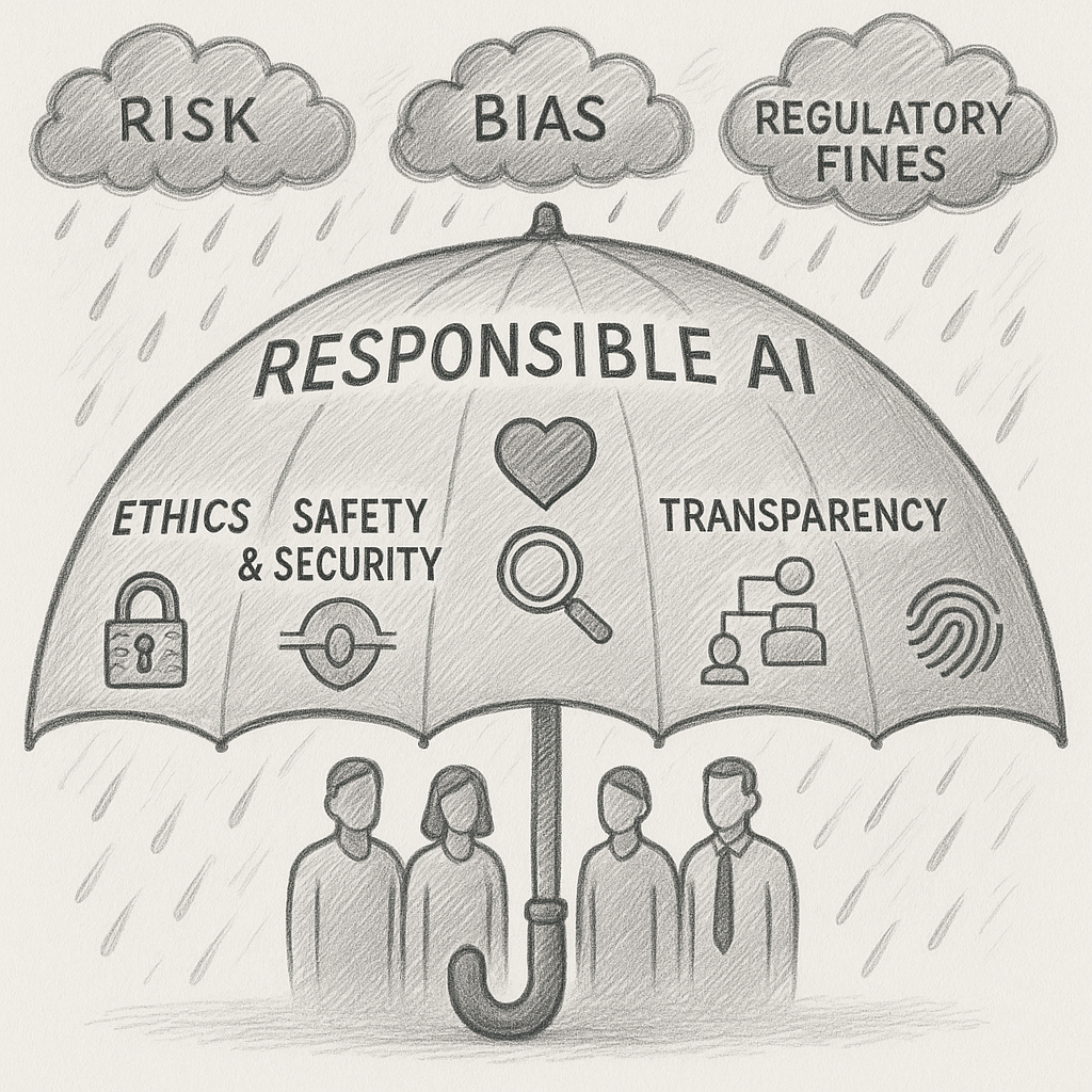 A sketch of the Responsible AI Umbrella, with panels for Ethics, Safety & Security, and Transparency, protecting people from risks like Bias and Regulatory Fines.