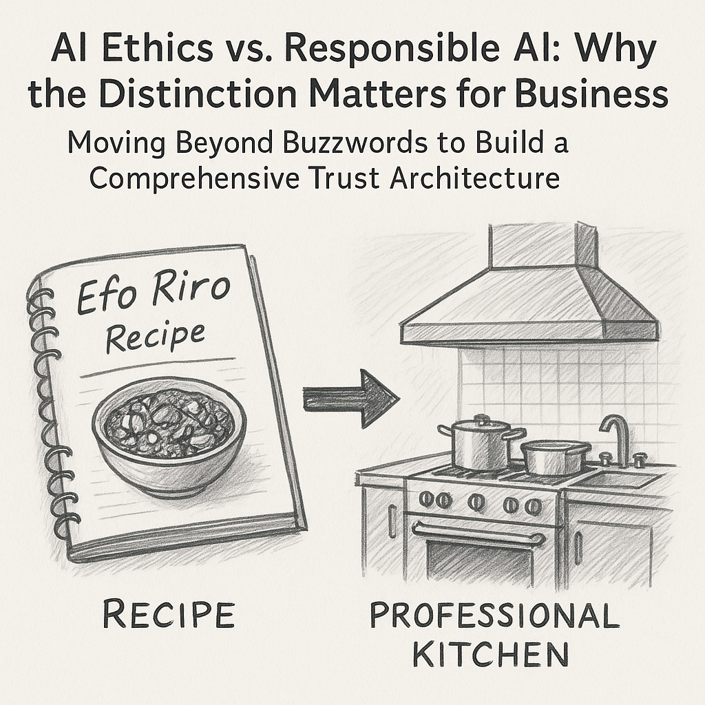 A sketch illustrating the difference between AI Ethics, shown as an Efo Riro recipe book, and Responsible AI, shown as a professional kitchen.